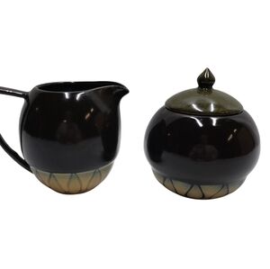 Tannex Stoneware Creamer  Sugar Bowl Brown Green Tan
